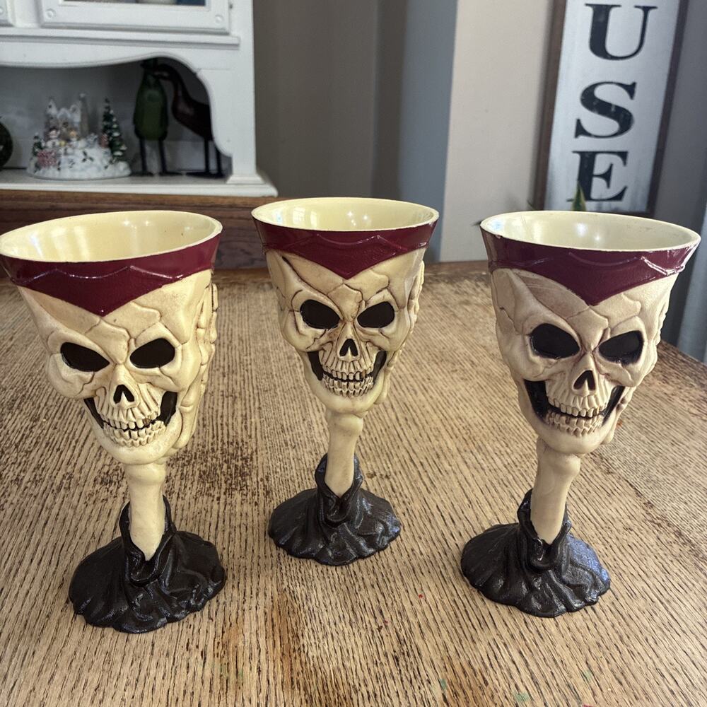Halloween Skull Skeleton Hand Goblets Wine Cups Bones Lot of 3 pirate